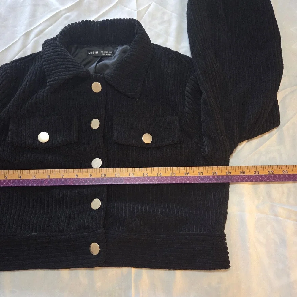 Women's S Black Corduroy Cropped Jacket Balloon Sleeve Silver Button Y2K Grunge